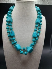Turquoise Color Glass Beaded Necklace Double Stranded