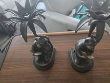 Art Deco Brass Monkeys Reading Books With Palm Trees Bookends/candlestick statue