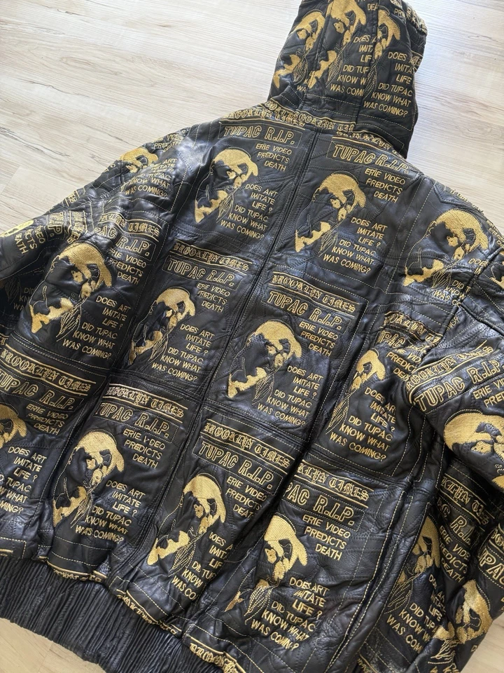 复古 Tupac Shakur Marc Andre 黑色刺绣皮革连帽夹克 4XL 罕见 — 第 4/4 张图片