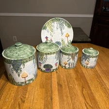 Kitchen Canister Set With Plate 4 Containers Beehive Birdhouse Floral Design