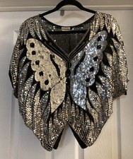 Vintage BUTTERFLY Sequin Silk Top DISCO Fairycore BOHO Silver OSFM INDIA OneSize
