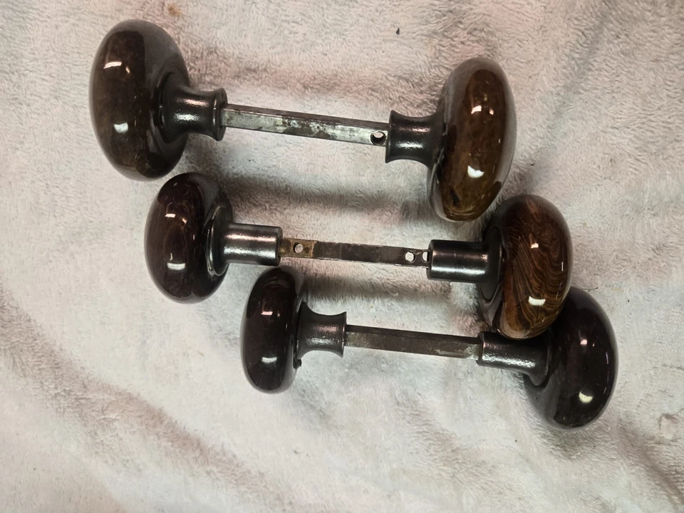 Perillas de puerta de porcelana antiguas 3 pares Bennington marrón mármol tigre remolino ¡Bonitas!! Foto 2 de 3