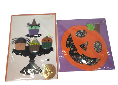 Papyrus Halloween Greeting Cards Set of 2 Pumpkin Shaker & 3D Cupcake Witch Spid