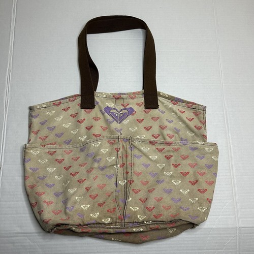 Vintage Roxy All Over Print Canvas Tote Bag Purse Brown Tan Surf Beach Y2K 2000s - Picture 2 of 11