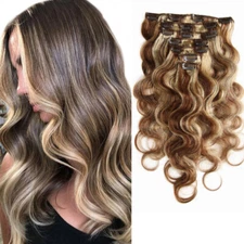 Clip In Hair Extensions Brazilian 100% human hair P4/27 Piano Color Body Wave