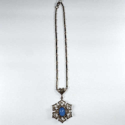 Estate Victorian Revival Blue Cabochon Rhinestone Pendant Bar Chain Necklace VTG - Picture 4 of 12