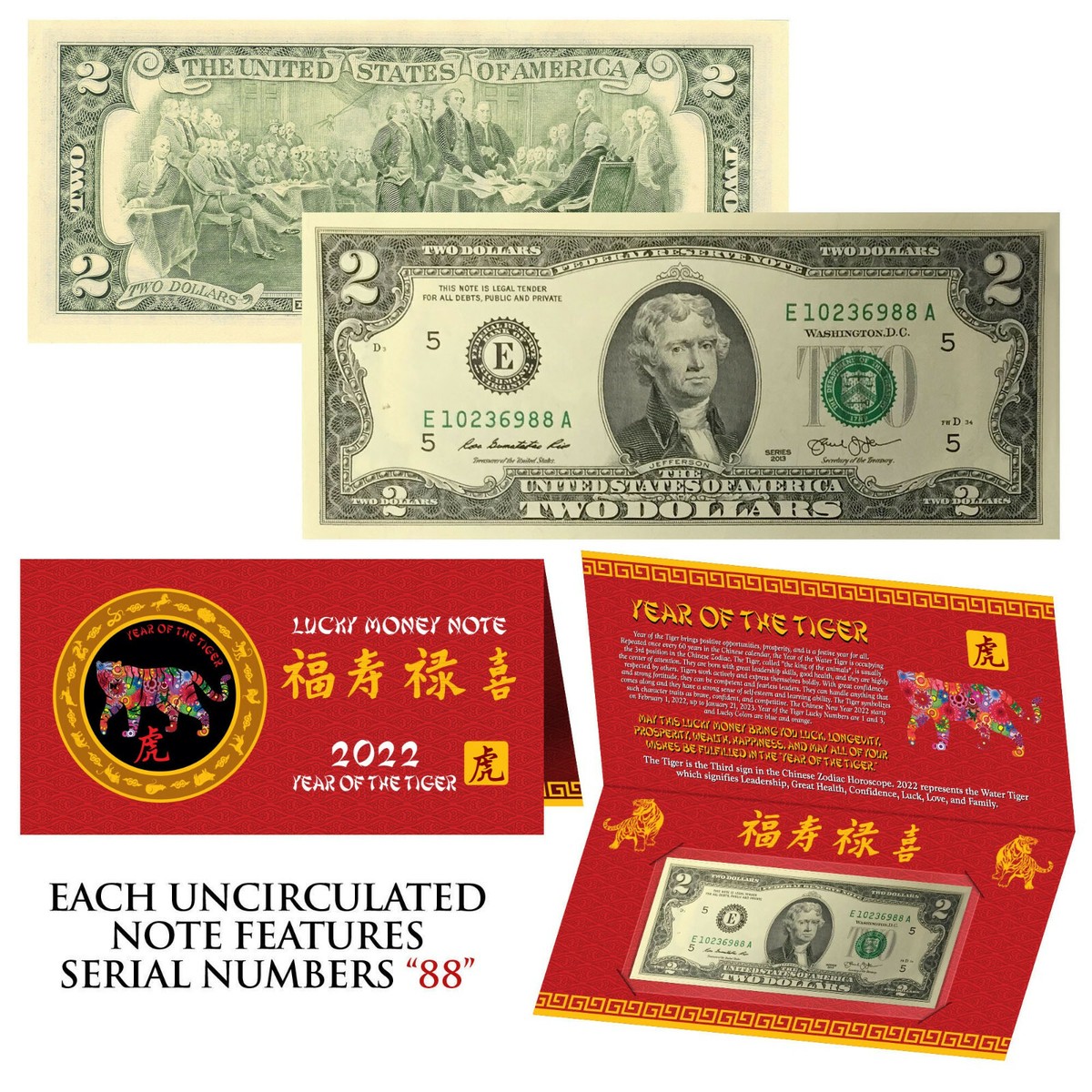 2022 CNY Chinese YEAR of the TIGER Lucky Money US $2 Bill w/ Red