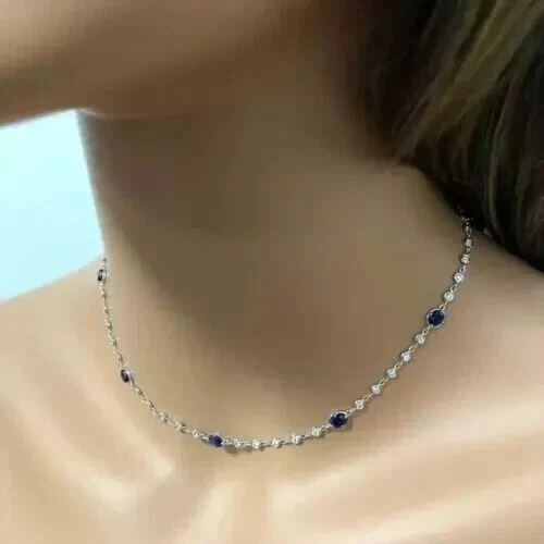 5Ct Round Lab Created Sapphire Women's Choker Necklace 14K White Gold Plated 16" - Image 3 of 4