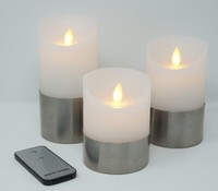 3Er Set Led Kerzen Weiß Mit Silberring Und Fernbedienung
