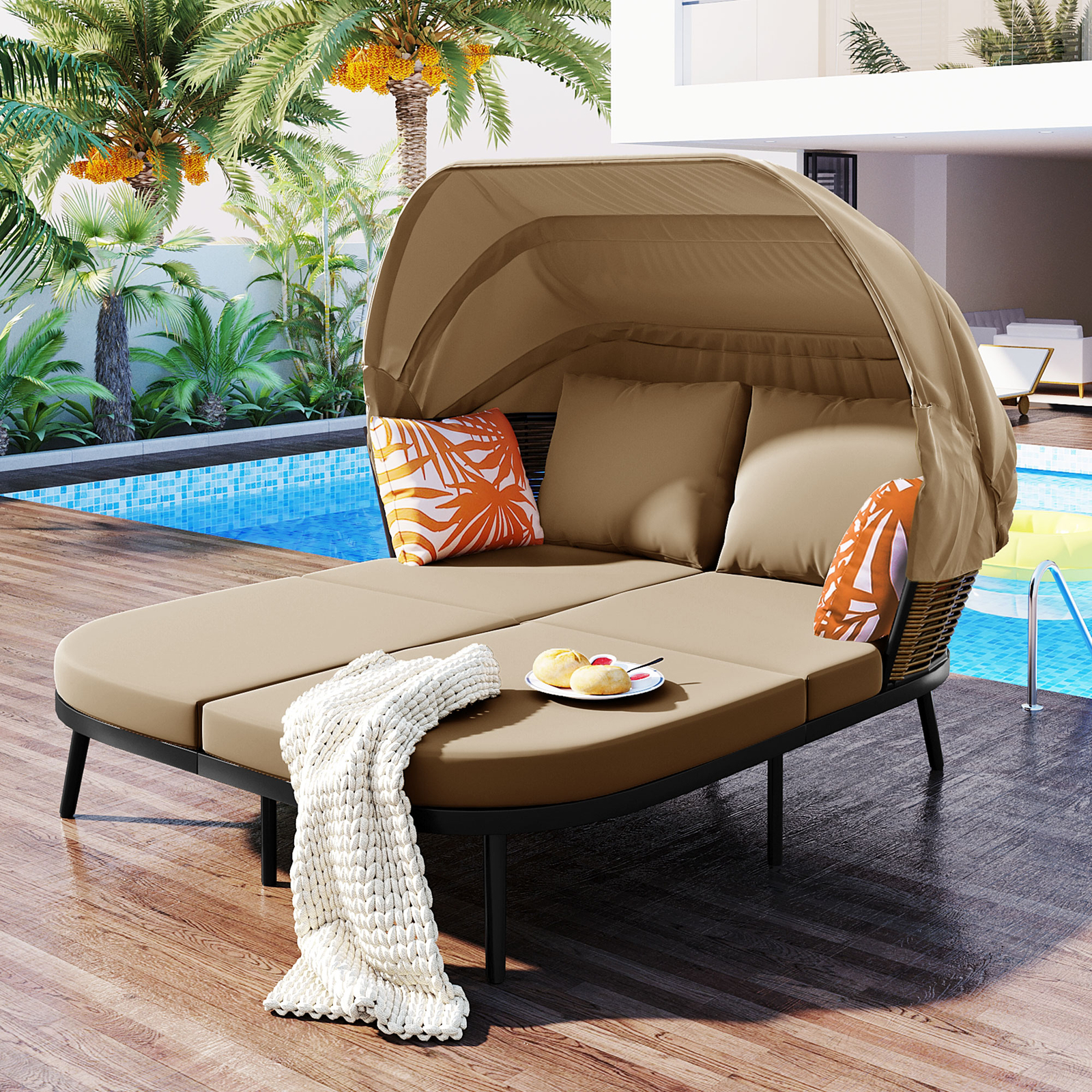 TOPMAX 74.8 Inch Patio Daybed with Retractable Canopy Outdoor PE Wicker Furniture