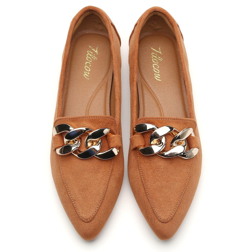 Tilocow Metal Chain Loafers for Womens Slip On Pointed Toe Flats