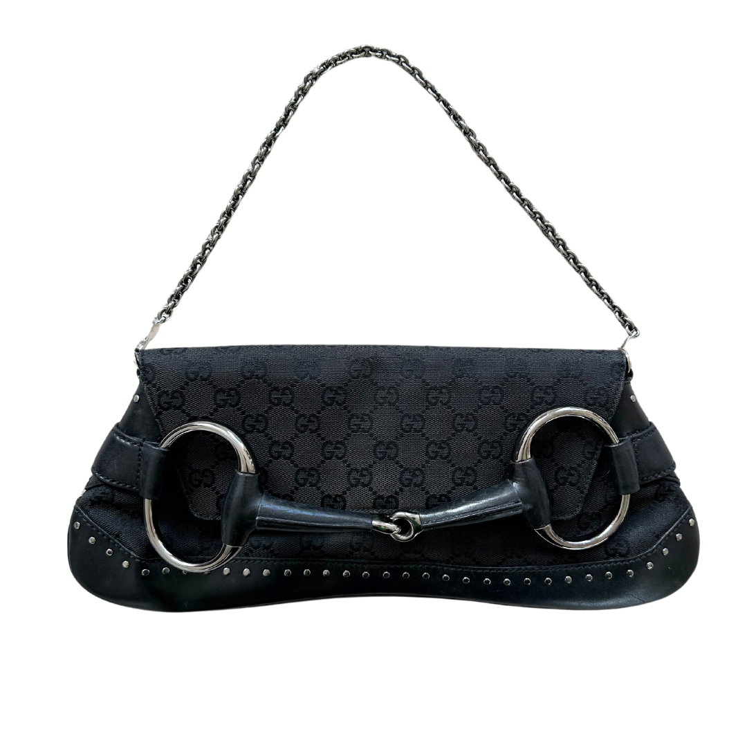 Authentic Gucci Black Canvas Studded Horsebit Chain Clutch Bag. | eBay