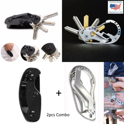 2pcs - Quickdraw Carabiner Key Holder Organizer Folder Pocket Belt Clip Black