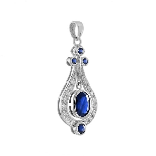 18K White Gold Natural Blue Sapphire Diamond Art Deco Style Pendant - Picture 3 of 9