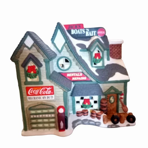 VTG Town Square Coca-Cola Lighted Christmas House 1999 Jacks Boats Baits Working