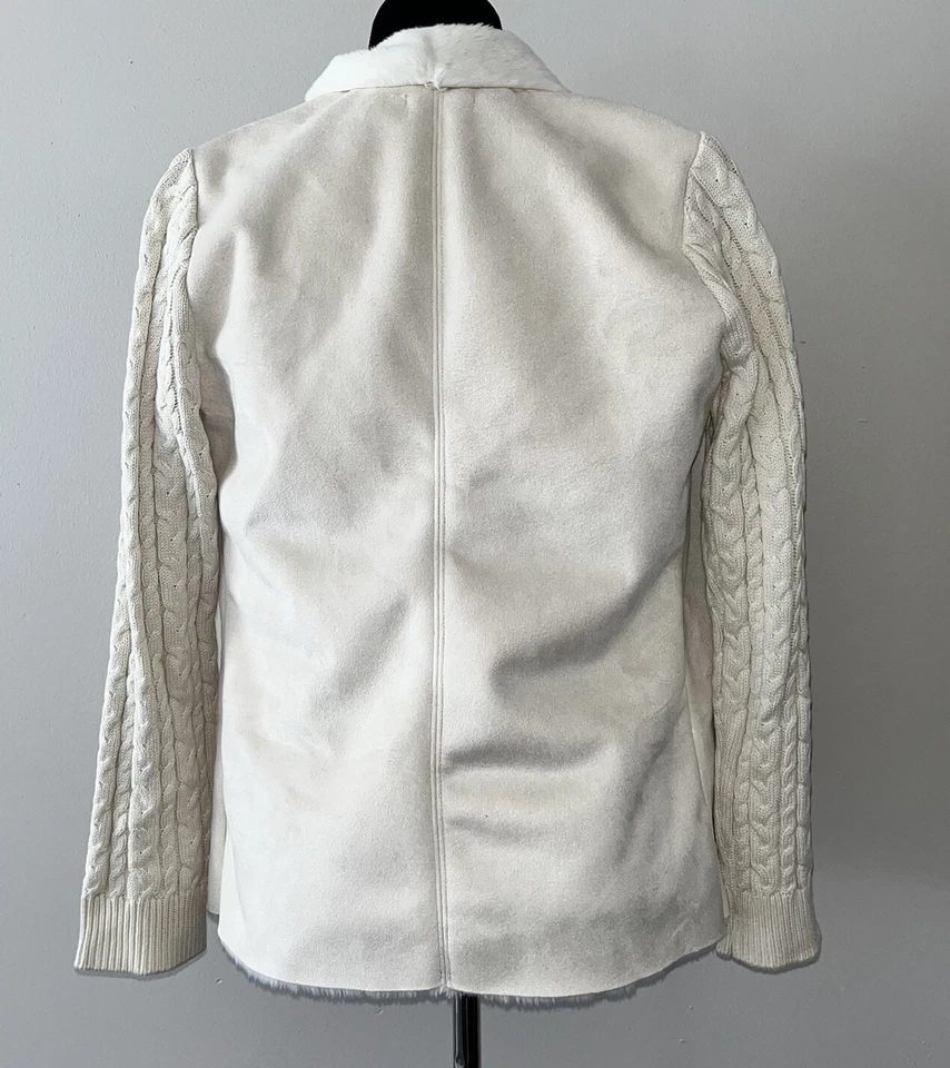 Cardigã aberto Gaby & Eden pele sintética malha cabo camurça suéter creme tamanho M mobwife - Imagem 2 de 4