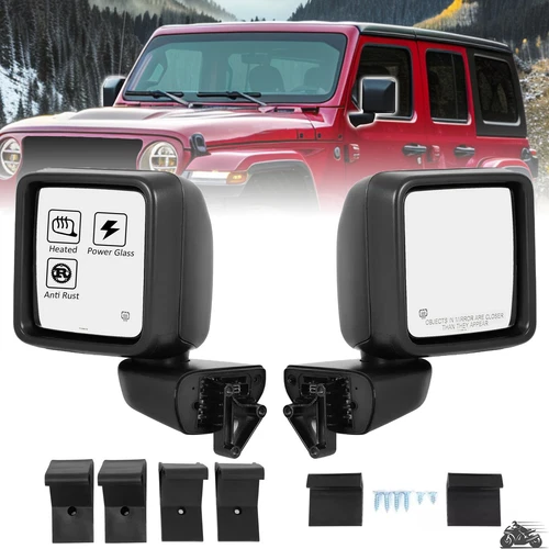 Pair Heated Power Door Mirrors & Tow Mirror Adapter Kit For Jeep Wrangler 18-23