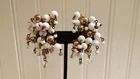 Vintage Large Brasstone Metal Milk Glass Bead Dangle Kidney Shape ClipOnEarrings