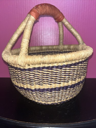 African Market Baskets Handwoven Leather Wrapped Handle Natural Basket Small - Picture 10 of 14