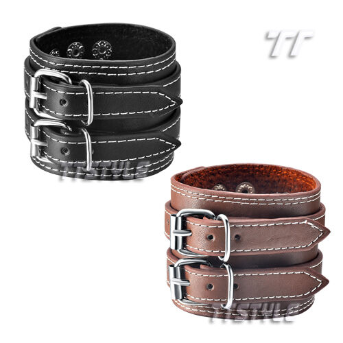 TTstyle Punk Leather Double Clasp Bracelet Wristband Choose Leather Colour