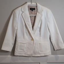 Talbots Women s Petite 4P White Solid Button Lined Blazer Jacket 3/4 Sleeve