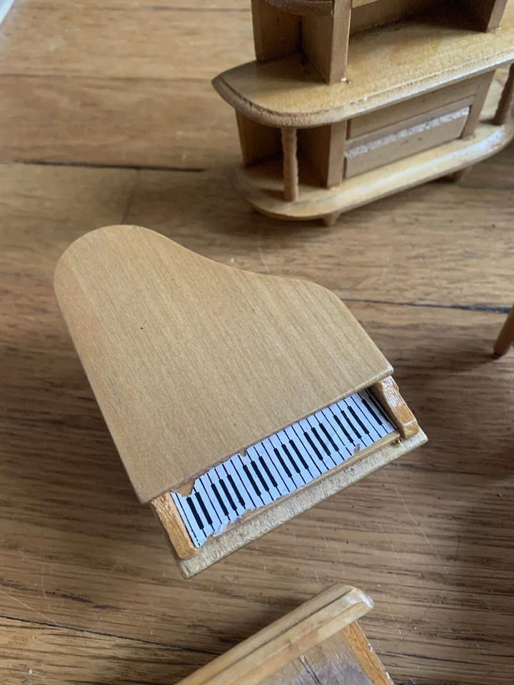 Vintage Dollhouse Miniature Furniture Wood Desk Piano Bed Table (Lot of 9) - Image 4 of 4