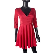 LuLu's Red Fit and Flare Dress V-Neck 3/4 Sleeve Party Cocktail Size S