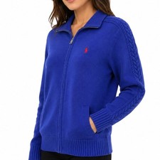 Vintage Polo Ralph Lauren Sport Cable Knit Sweater XL Full Zip Pockets Blue