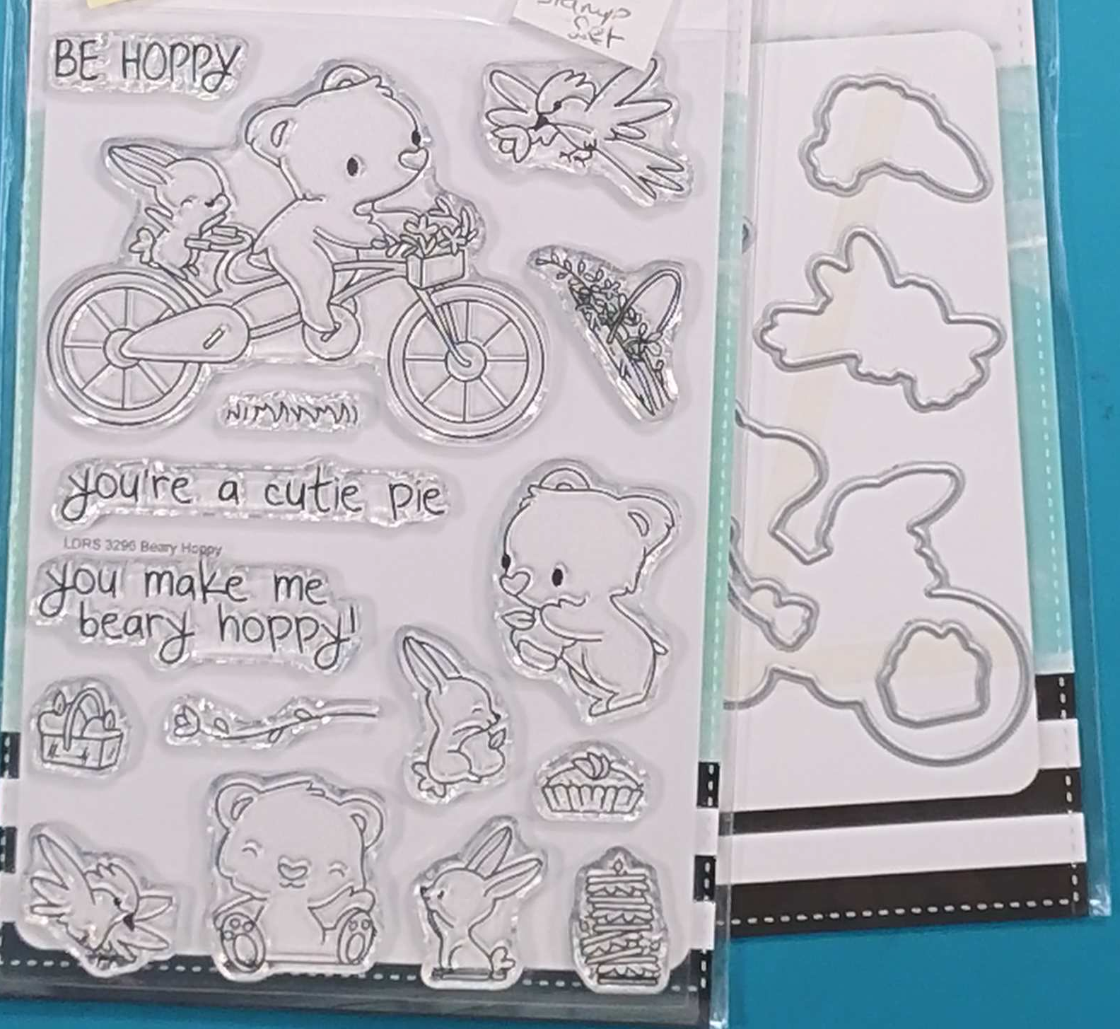 LDRS Creative Stamp & Die SET ~ BEARY HOPPY 8203, 3296 Bear + Rabbit on Bike