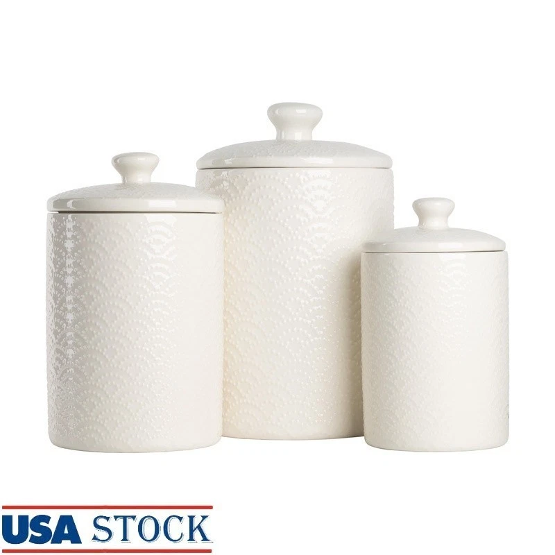 Ceramic Canister Set 3 Piece Kitchen Storage Embossed Gasket Seal Stylish Design
