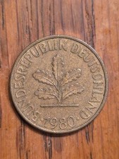 1980 J Germany 10 Pfennig  Oak Seed Rye Ears Value 4g 21.5mm Brass Clad Steel 