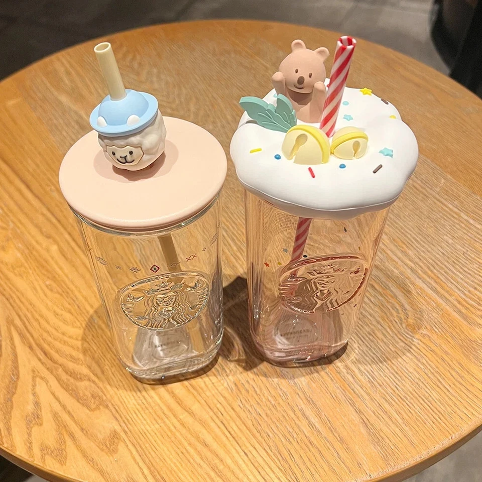 Taza triangular Starbucks 500 ml linda serie mascota vidrio pajita taza de agua con tapa de paja Foto 4 de 4