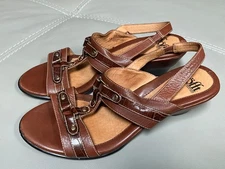Sofft Women’s Brown Leather  Metal Accent Wedge Slingback Sandals Size 8.5 N