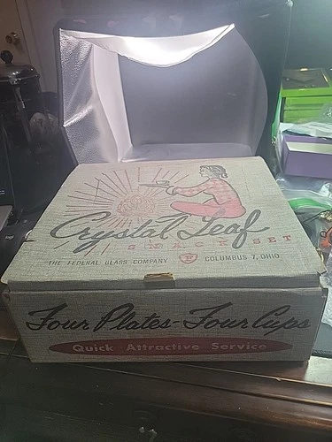 Vintage CRYSTAL LEAF SNACK SET 1959 NEW Luncheon Plates Federal Glass Company