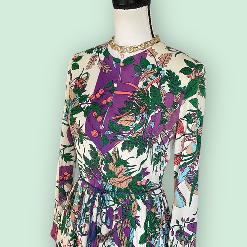 Vtg 60s Lansford Dress Purple Mushrooms Floral Purple Brady Mod Hippie Boho S 4 - Picture 4 of 12