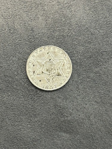 1857 (Three) 3-Cent Silver * AU+ Details * Scarce * Low Mintage - Picture 3 of 10