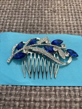Designer Beautiful Blue Crystal Flower Themed Silver Tone Hair Comb