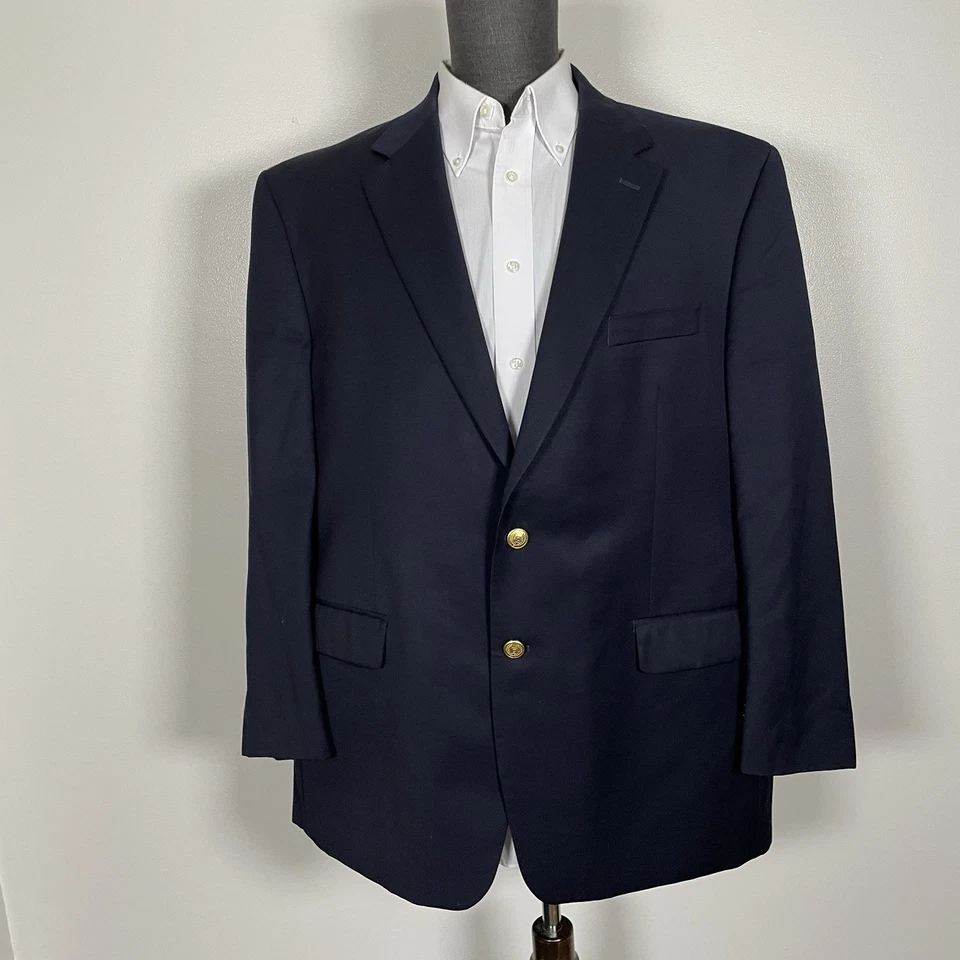 Chaps Blazer Jacket Mens 48R Navy Blue Solid Wool Brass Metal Buttons - Image 2 of 4