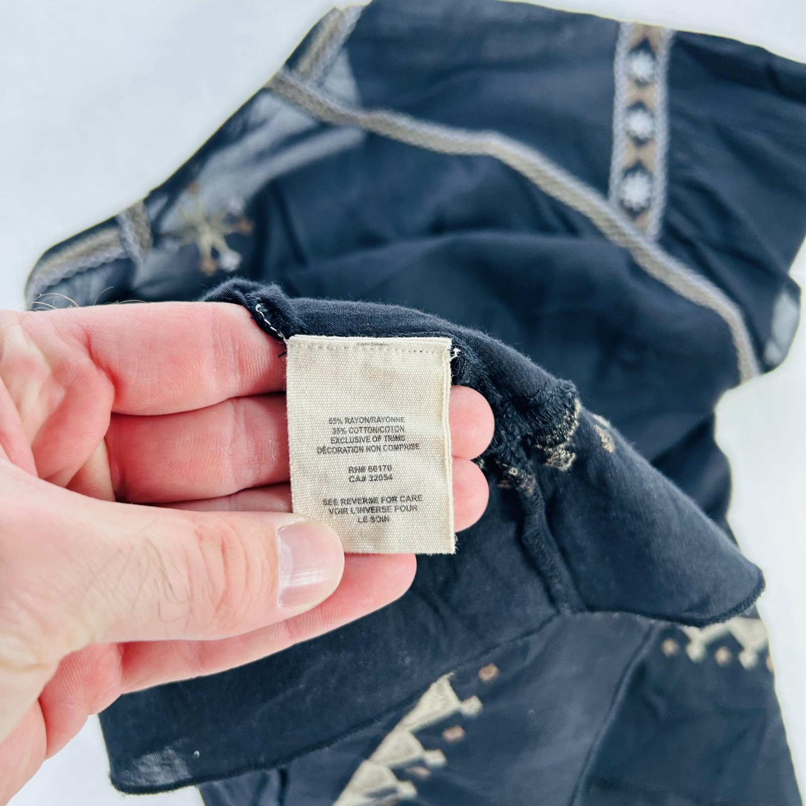 Free People Blouse Womens XS Black Embroidered Boho Peasant Top Sheer Flowy