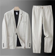 2 Pc Men Two Button Suit Summer Linen Causal Blazer Pants Coat Beach Jacket