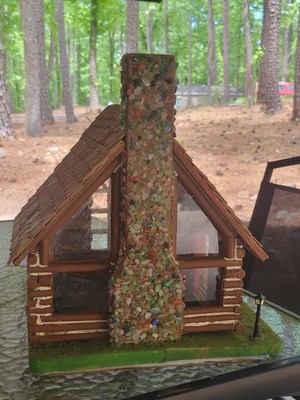 Miniature Wood Log Cabin House Village Building, Shingled Roof, 3D Effect