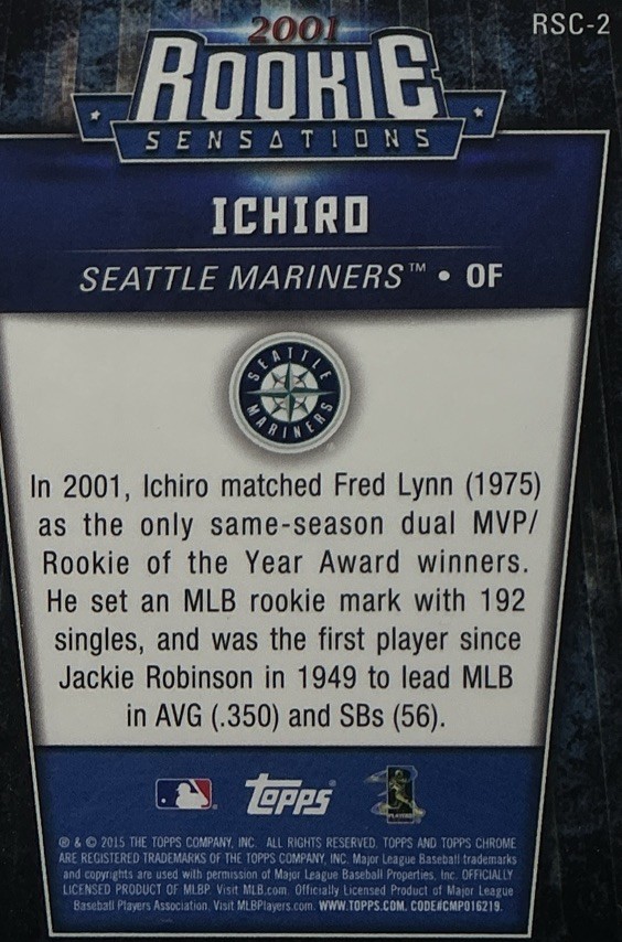 Ichiro Suzuki PSA 10- 2015 Topps Chrome ‘2001 Sensations’ -Mariners, ROY, HOF view 7