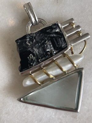 Sterling Silver 18K Gold Rough Meteorite, Aquamarine, Pearl Necklace Charm