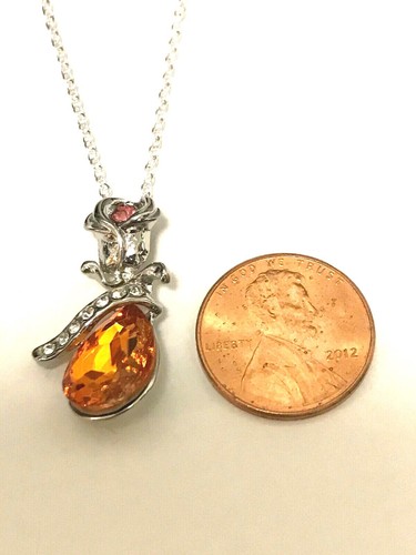 18K White Gold German Silver Pendant & 925 Silver Copper Chain - Orange Crystal - Picture 3 of 6