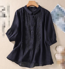 Womens Retro 3/4 Sleeves Cotton Linen Tops Embroidery Shirt Loose Laple T-shirt