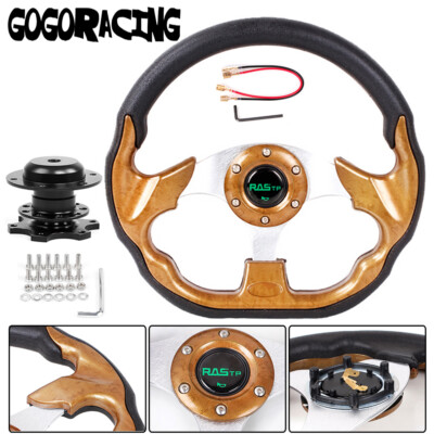 12.5'' Woodgrain D Shape Racing Steering Wheel w/ Quick Release Adapter Boss Kit