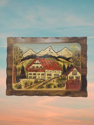 Hand Carved 3-D Wood Village Country Side Farm-Life Hand Painted  15.5x11.5x1