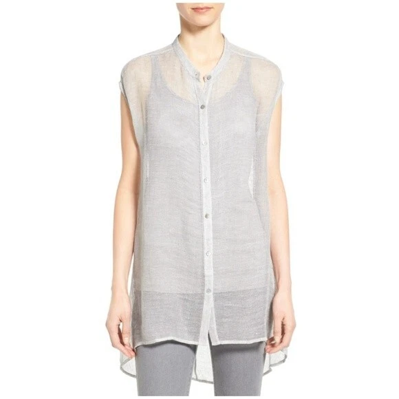 Eileen Fisher Linen Mesh Tunic Shirt Size Large Gray Cap Sleeve Button Up - Image 2 of 4