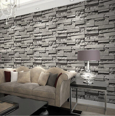 Modern Retro 3d Wallpaper Bedroom Living Slate Dark Grey Brick Effect Stone Wall Ebay