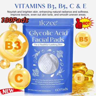 3 Bags Glycolic Acid Peel Pads with Vitamins B3,B5 & C, E, Exfoliating Polish+